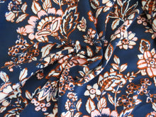 Load image into Gallery viewer, SALE 50% off- 1m Navy and Burnt Orange floral print 95% Ecovero viscose and 5% spandex  stretch knit fabric 150cm (Copy) (Copy) (Copy) (Copy)