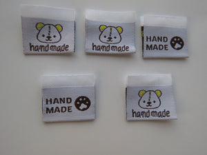 50 Bear Print Handmade and/or Bear Paw Handmade White woven labels 24x22mm