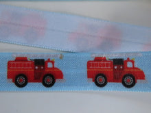 Load image into Gallery viewer, 2m Fire Engine print with blue background Fold Over Elastic FOE Foldover 15mm