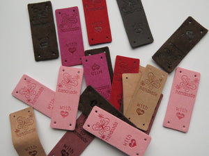 10 Mixed Colour PU Leather  Butterfly Handmade Foldable Labels and With (heart symbol) Love on other side. 50x 20mm