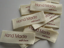 Load image into Gallery viewer, 25 Handmade with Love in red font with heart 100% Cotton labels 50mm x 15mm