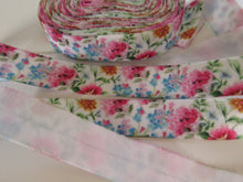 Load image into Gallery viewer, 2m Blue pink and Gold floral print on white Fold Over Elastic FOE Foldover elastic 15mm