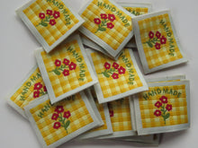 Load image into Gallery viewer, 10 Yellow Gingham Red Flower Woven Hand Made labels 40mm wide x 30mm high approx.