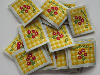 50 Yellow Gingham Red Flower Woven Hand Made labels 40mm wide x 30mm high approx.