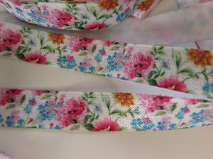 2m Blue pink and Gold floral print on white Fold Over Elastic FOE Foldover elastic 15mm