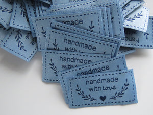 25 Blue Handmade with Love labels with heart and branch 50mm wide x 25mm high