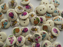 Load image into Gallery viewer, 50 mixed print Bee, Bird, snail, ladybug, butterfly 15mm buttons