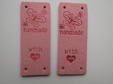 Load image into Gallery viewer, 10 Mixed Colour PU Leather  Butterfly Handmade Foldable Labels and With (heart symbol) Love on other side. 50x 20mm