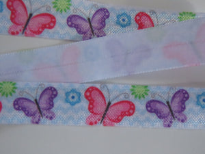 4m Mixed colour butterflies with blue zigzag white background Fold Over Elastic FOE Foldover 15mm