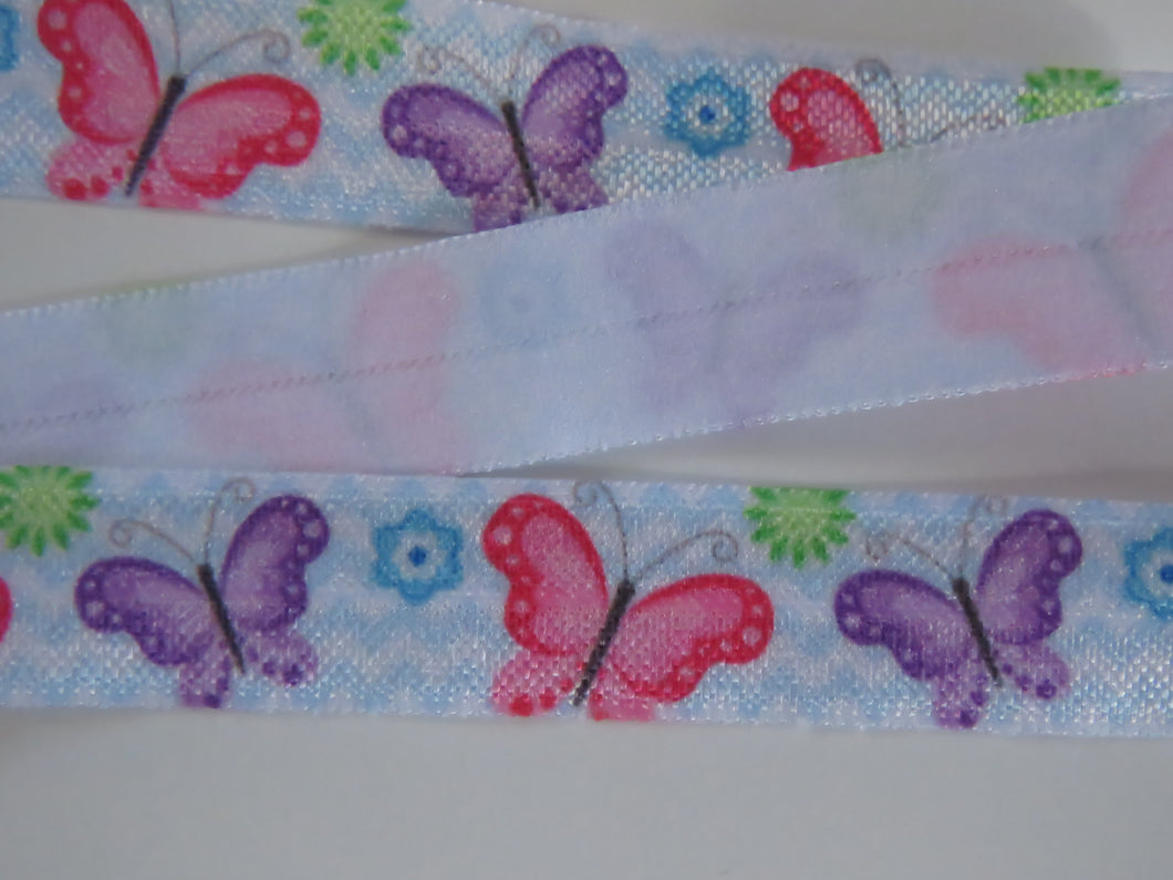 4m Mixed colour butterflies with blue zigzag white background Fold Over Elastic FOE Foldover 15mm