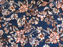Load image into Gallery viewer, SALE 50% off- 1m Navy and Burnt Orange floral print 95% Ecovero viscose and 5% spandex  stretch knit fabric 150cm (Copy) (Copy) (Copy) (Copy)