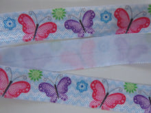 Load image into Gallery viewer, 4m Mixed colour butterflies with blue zigzag white background Fold Over Elastic FOE Foldover 15mm