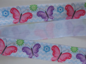4m Mixed colour butterflies with blue zigzag white background Fold Over Elastic FOE Foldover 15mm