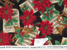 Load image into Gallery viewer, 55cm L x 90cm wide Trumpet Music and Red Poinsetta print  Christmas fabric 100% cotton