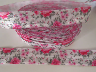 2m pink and grey floral print on white Fold Over Elastic FOE Foldover elastic 15mm