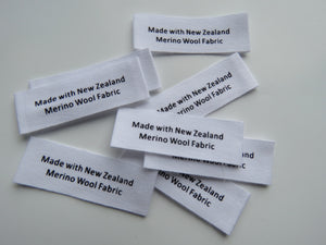 White 100% cotton labels- Made with New Zealand Merino Wool Fabric- sets of 10, 25, 50 or 100