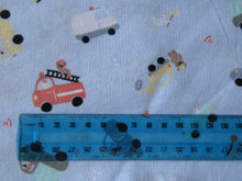 Load image into Gallery viewer, 1.5m Car, truck, fire engine, digger on pale blue 100% organic cotton jersey knit fabric 112cm- last piece