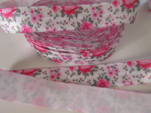 2m pink and grey floral print on white Fold Over Elastic FOE Foldover elastic 15mm