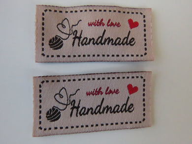 10 Beige Heart made from end of the Ball of wool Handmade with Love labels 50x 25mm