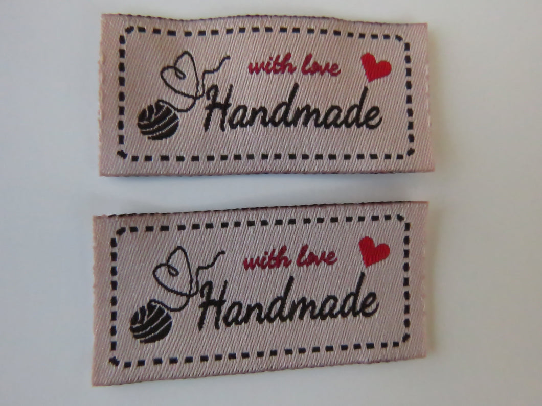 10 Beige Heart made from end of the Ball of wool Handmade with Love labels 50x 25mm