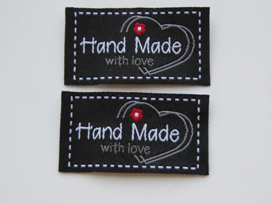 10 Black Big Heart and red Flower Handmade with Love labels 50x 25mm