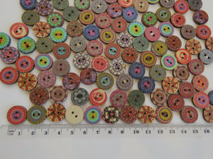 15mm Bright Print Retro vintage buttons 2 holes- Choose set of 25, 50 or 100 from menu