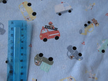 Load image into Gallery viewer, 1.5m Car, truck, fire engine, digger on pale blue 100% organic cotton jersey knit fabric 112cm- last piece