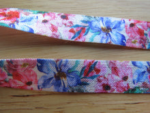 Load image into Gallery viewer, 1m Blue Pink Flowers 15mm wide fold over elastic FOE foldover elastic