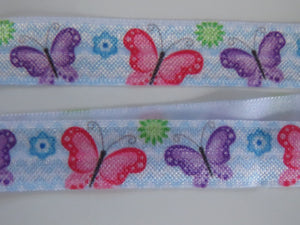4m Mixed colour butterflies with blue zigzag white background Fold Over Elastic FOE Foldover 15mm