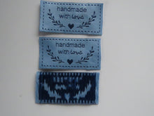 Load image into Gallery viewer, 25 Blue Handmade with Love labels with heart and branch 50mm wide x 25mm high