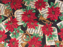 Load image into Gallery viewer, 55cm L x 90cm wide Trumpet Music and Red Poinsetta print  Christmas fabric 100% cotton
