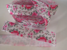 Load image into Gallery viewer, 2m pink and grey floral print on white Fold Over Elastic FOE Foldover elastic 15mm