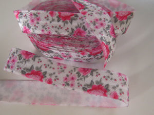 2m pink and grey floral print on white Fold Over Elastic FOE Foldover elastic 15mm