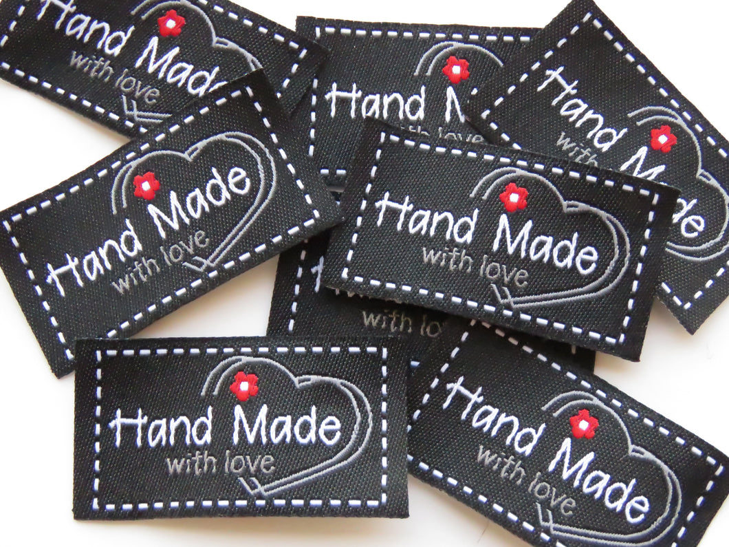 10 Black Big Heart and red Flower Handmade with Love labels 50x 25mm