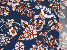 Load image into Gallery viewer, SALE 50% off- 1m Navy and Burnt Orange floral print 95% Ecovero viscose and 5% spandex  stretch knit fabric 150cm (Copy) (Copy) (Copy) (Copy)