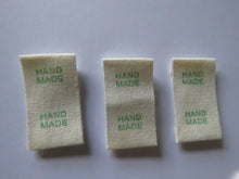 Load image into Gallery viewer, 25 Green Font Hand Made Smaller Cotton Flag Hand Made Labels-15mm x 15mm