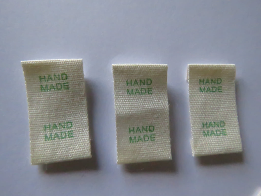 50 Green Font Hand Made Smaller Cotton Flag Hand Made Labels-15mm x 15mm