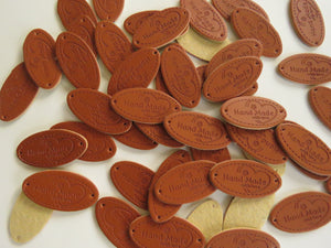 10 Oval Shape Hand Made with Love & flower and heart PU Leather Labels 30x 10mm