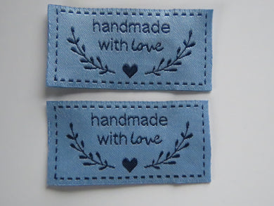 25 Blue Handmade with Love labels with heart and branch 50mm wide x 25mm high