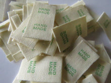 Load image into Gallery viewer, 25 Green Font Hand Made Smaller Cotton Flag Hand Made Labels-15mm x 15mm