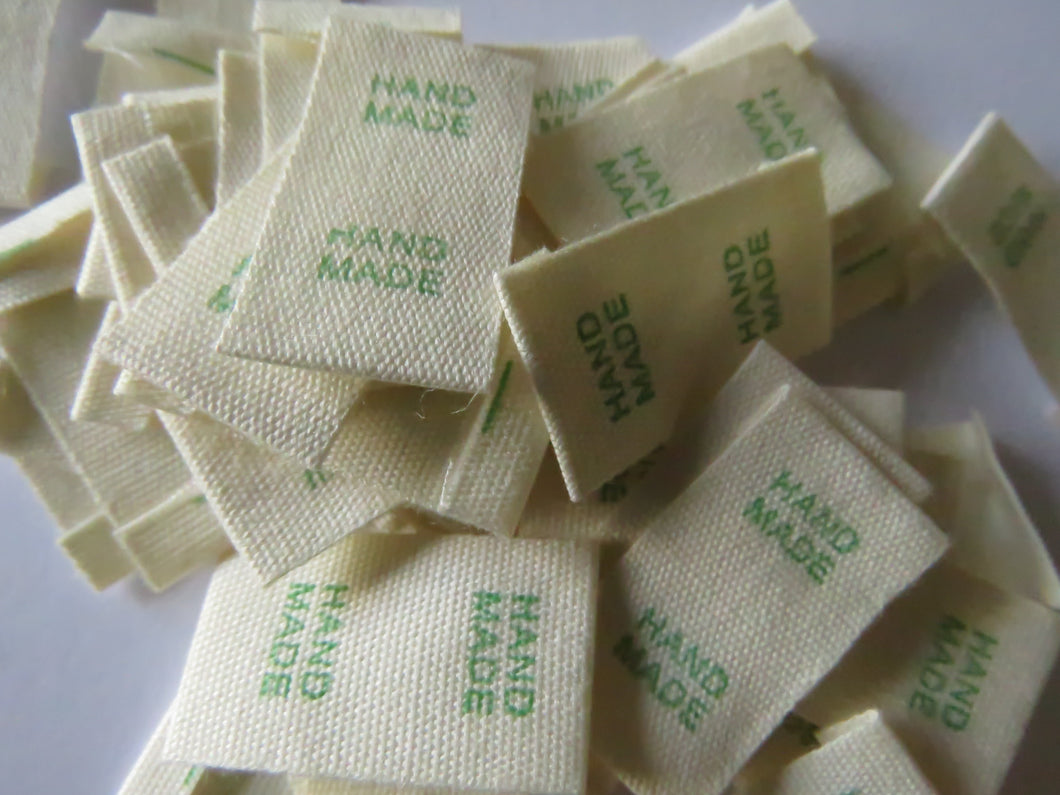 25 Green Font Hand Made Smaller Cotton Flag Hand Made Labels-15mm x 15mm