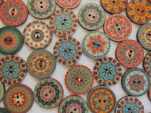 Load image into Gallery viewer, 25 Mixed Pattern Teal Orange Pink Retro Print buttons 25mm diameter