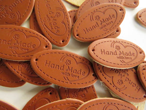 10 Oval Shape Hand Made with Love & flower and heart PU Leather Labels 30x 10mm