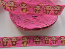 Load image into Gallery viewer, 4.7m Monkey with Curly Tail print on pink Fold over Foldover FOE elastic 15mm