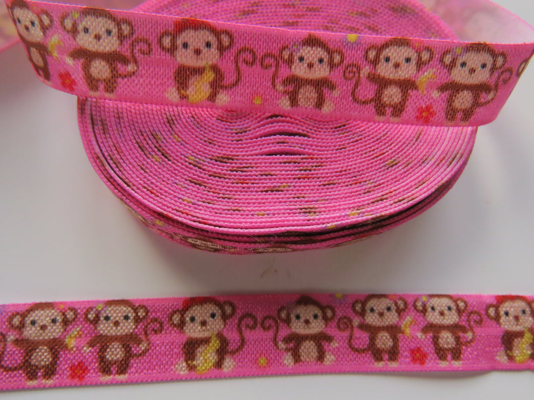 4.7m Monkey with Curly Tail print on pink Fold over Foldover FOE elastic 15mm