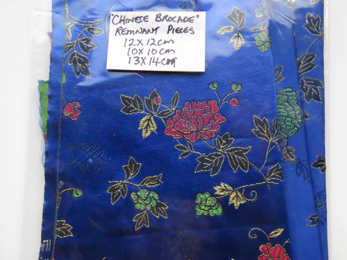 3 pieces- Royal Blue Chinese brocade fabric remnants- 12 x 12cm, 10 x 10cm, 13 x 14cm