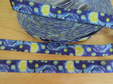 Load image into Gallery viewer, 5m Starry Night Yellow stars on Blue Fold over Elastic FOE Fold over elastic 15mm wide