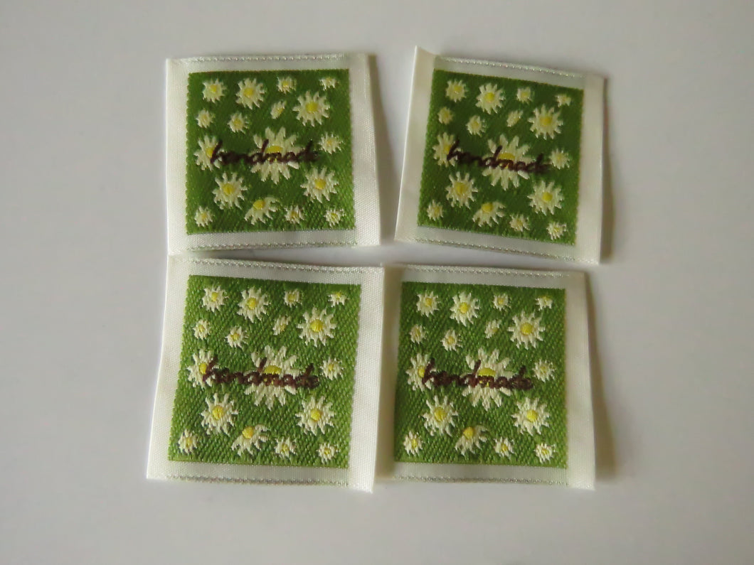 10 Green Handmade with white folower print Woven Hand Made labels 34mm wide x 34mm high approx.