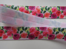 Load image into Gallery viewer, 1m Pink and Purple roses floral printed Fold Over Elastic FOE Foldover 15mm