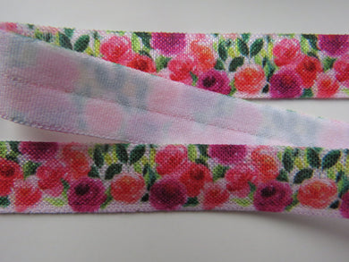 10m Pink and Purple roses floral printed Fold Over Elastic FOE Foldover 15mm